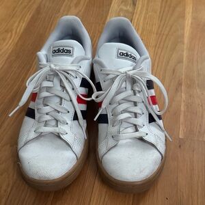 adidas White Sneakers with Navy & Red Stripes